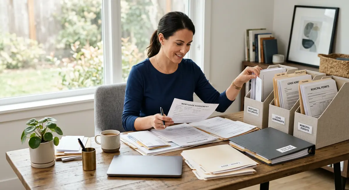 A homeowner organizing mortgage documents, lease agreements, and municipal permits on a desk