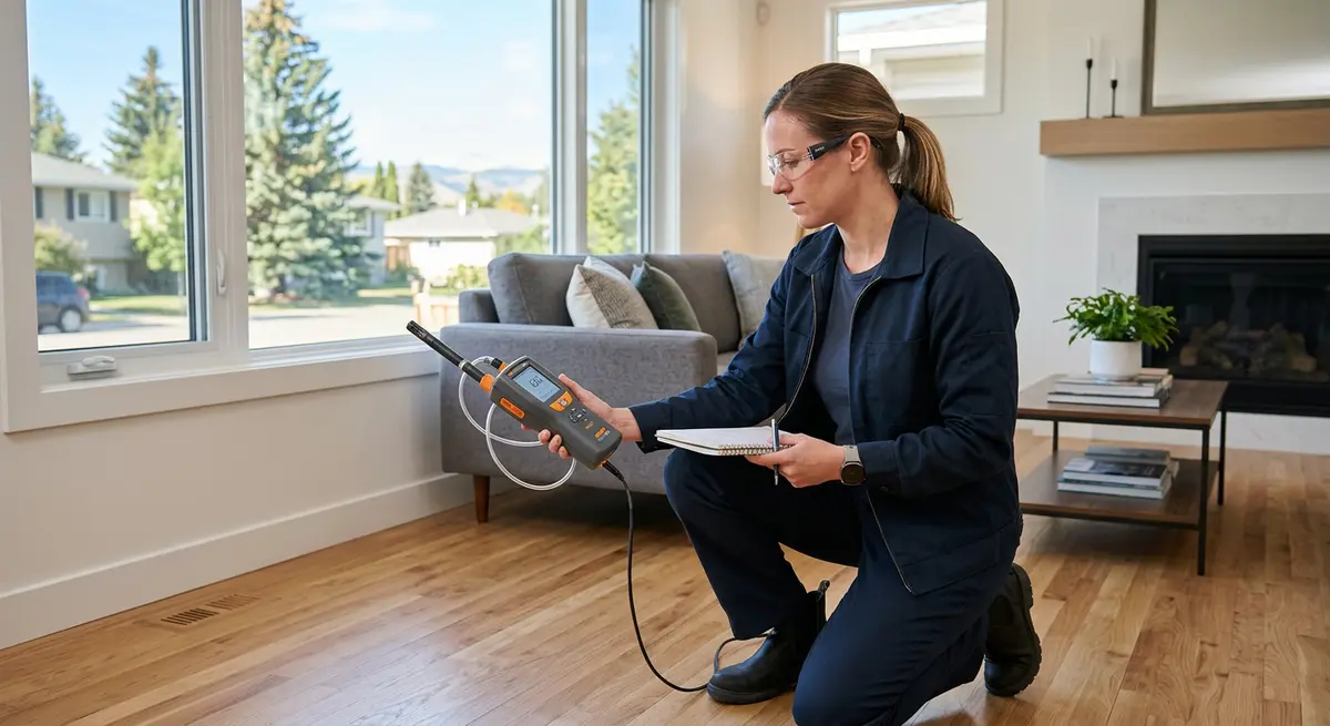 Environmental engineer conducting an indoor air quality test in a remediated Calgary home
