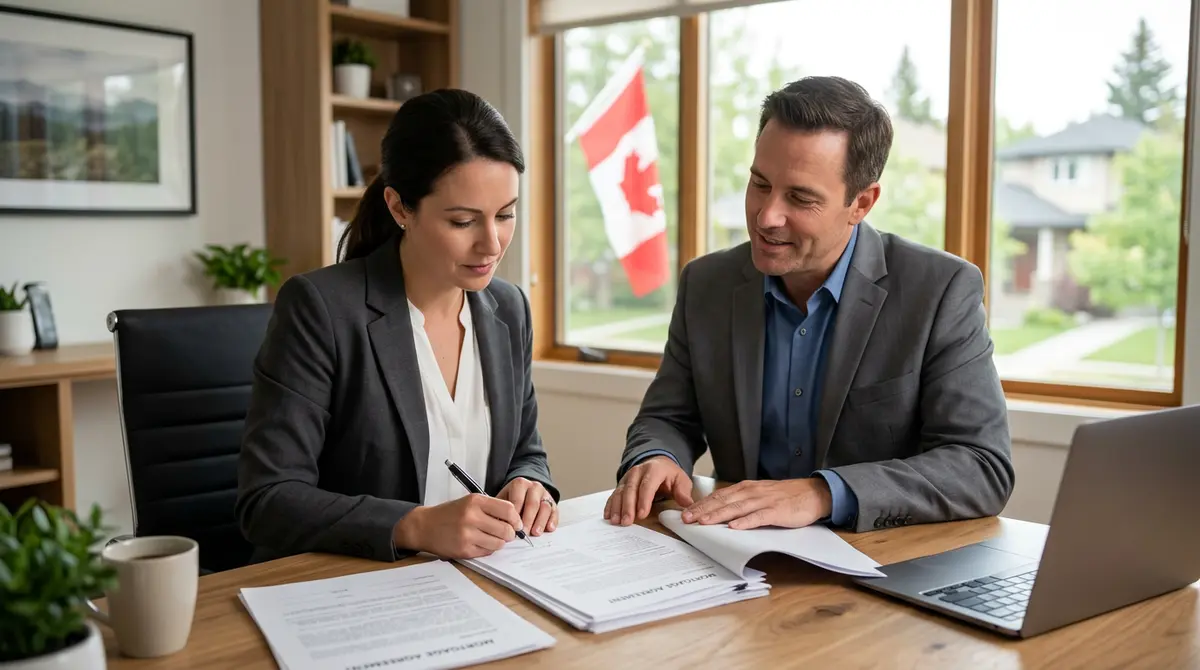 Calgary homeowner reviewing mortgage documents with a specialized private lending broker