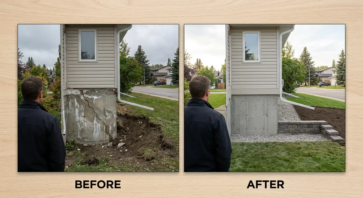Before and after structural remediation photos of a Calgary residential property
