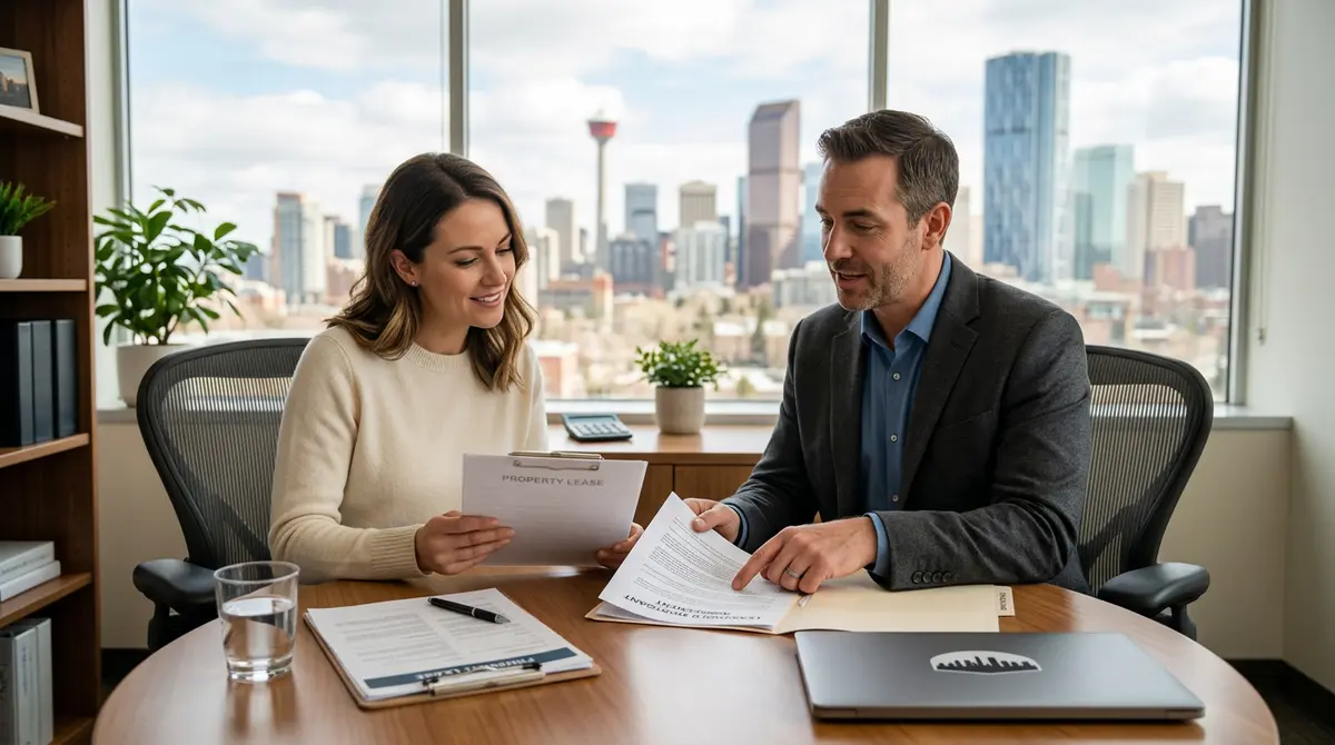 A Calgary homeowner reviewing leasehold mortgage documents with a financial advisor