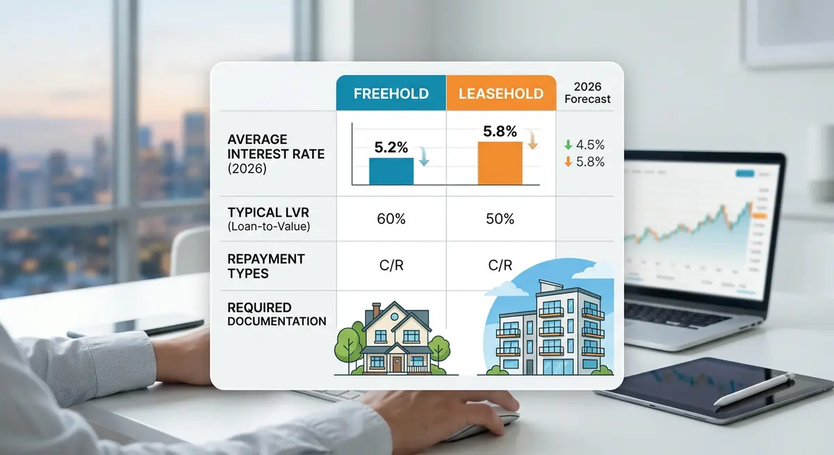 A detailed comparison chart showing freehold versus leasehold mortgage rates in 2026