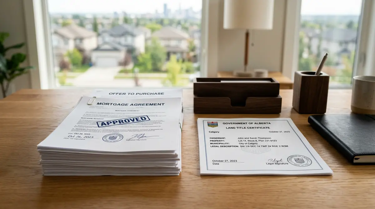 A stack of approved mortgage documents next to a Calgary property land title