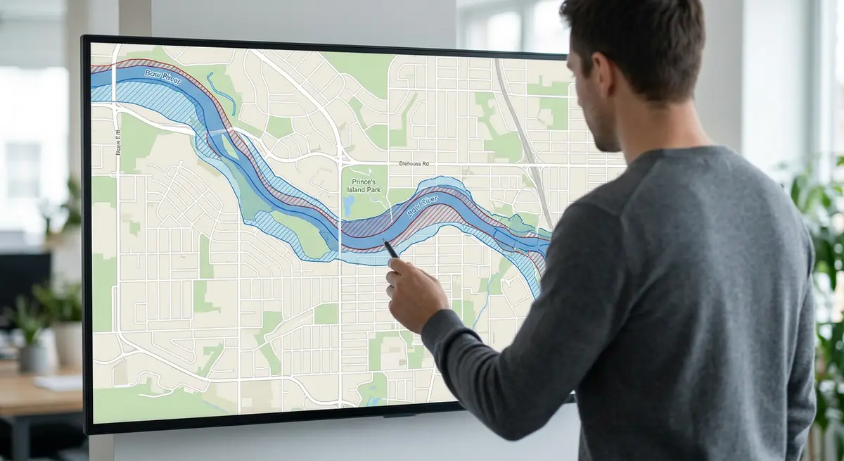 Calgary flood hazard map showing floodway and flood fringe designations along the Bow River