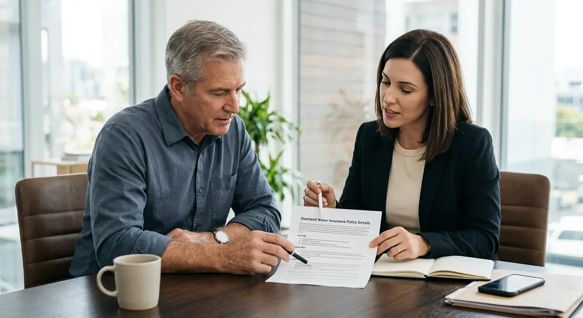 Homeowner reviewing overland water insurance policy documents with a mortgage broker