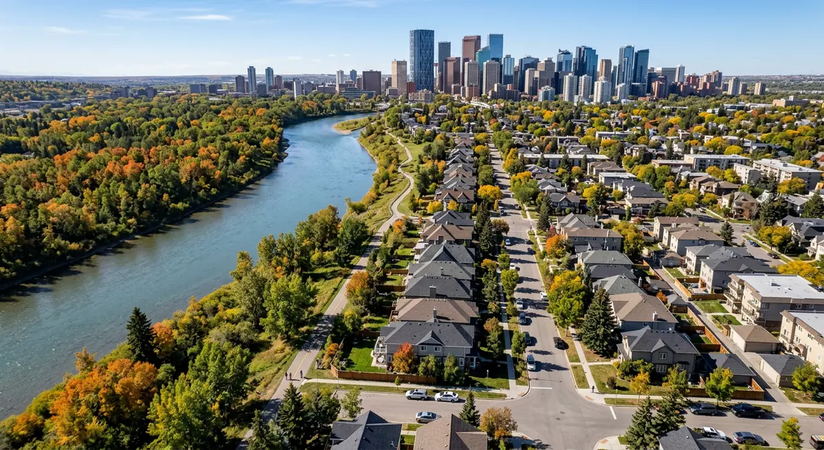 Calgary residential neighborhood located in the flood fringe with visible river proximity