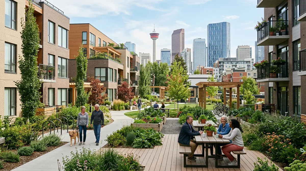 A modern cooperative housing complex in inner-city Calgary featuring shared green spaces