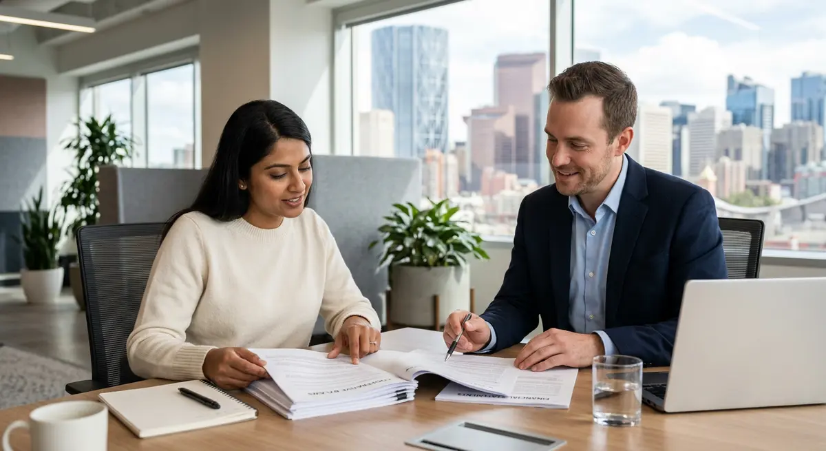 A Calgary homeowner reviewing cooperative bylaws and financial documents with a mortgage broker