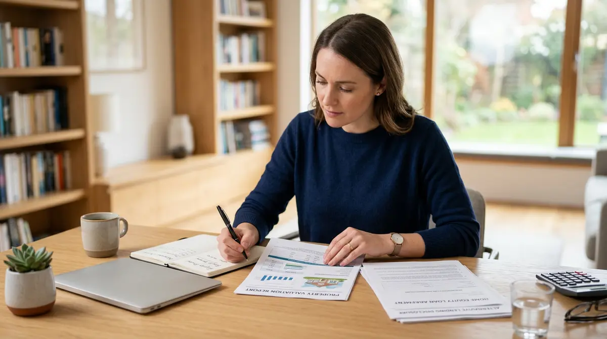 Homeowner reviewing alternative lending documents and property valuation reports at a desk