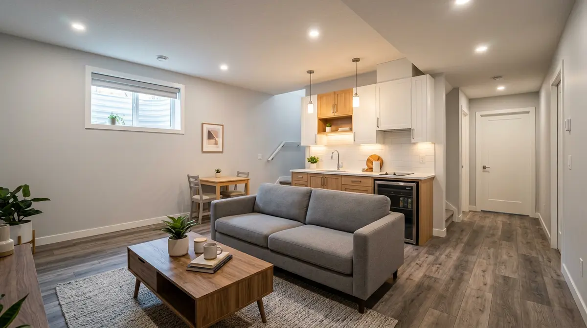 A professionally finished but unpermitted basement suite in a Calgary home featuring modern lighting and flooring