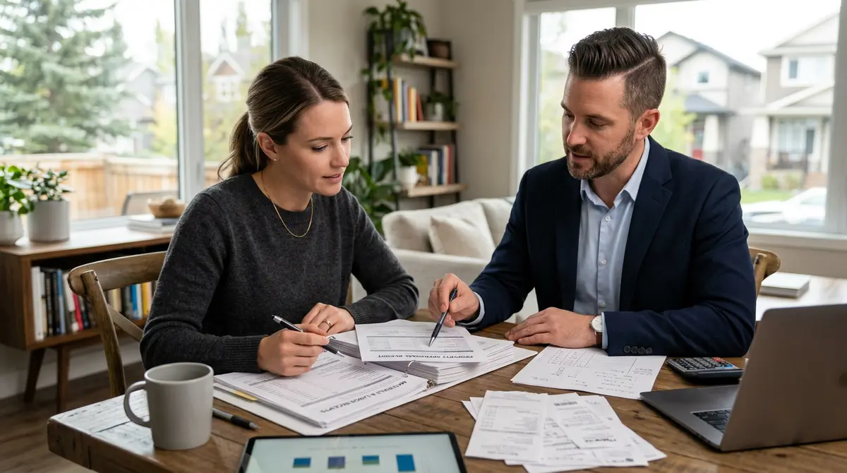 A Calgary homeowner and a specialized mortgage broker reviewing property appraisal documents and construction receipts at a dining table