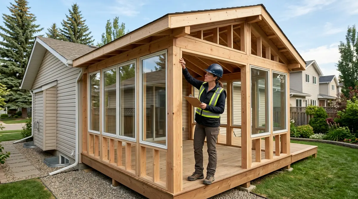 A structural engineer inspecting an unpermitted sunroom addition on a Calgary property to ensure building code compliance