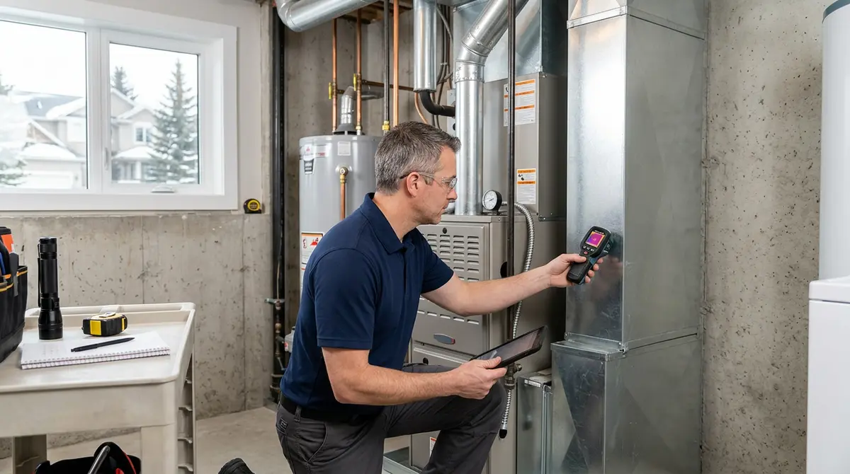 Professional appraiser inspecting a Calgary home foundation and HVAC system for a second mortgage valuation