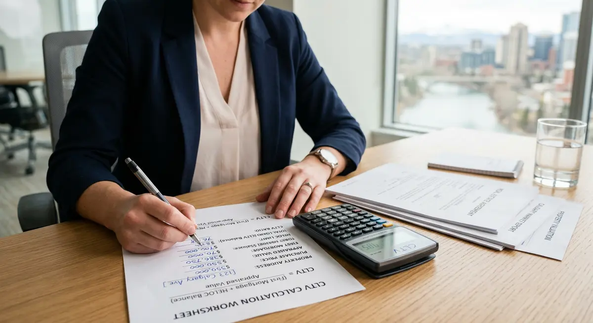 Calculator and financial documents showing Combined Loan-to-Value CLTV calculations for Calgary real estate