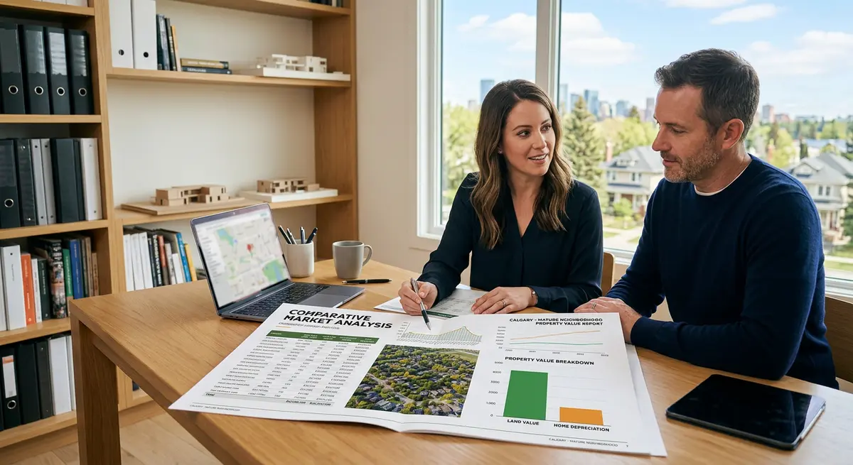 A comparative market analysis document showing the high land value of a mature Calgary neighborhood offsetting the depreciation of an older home.