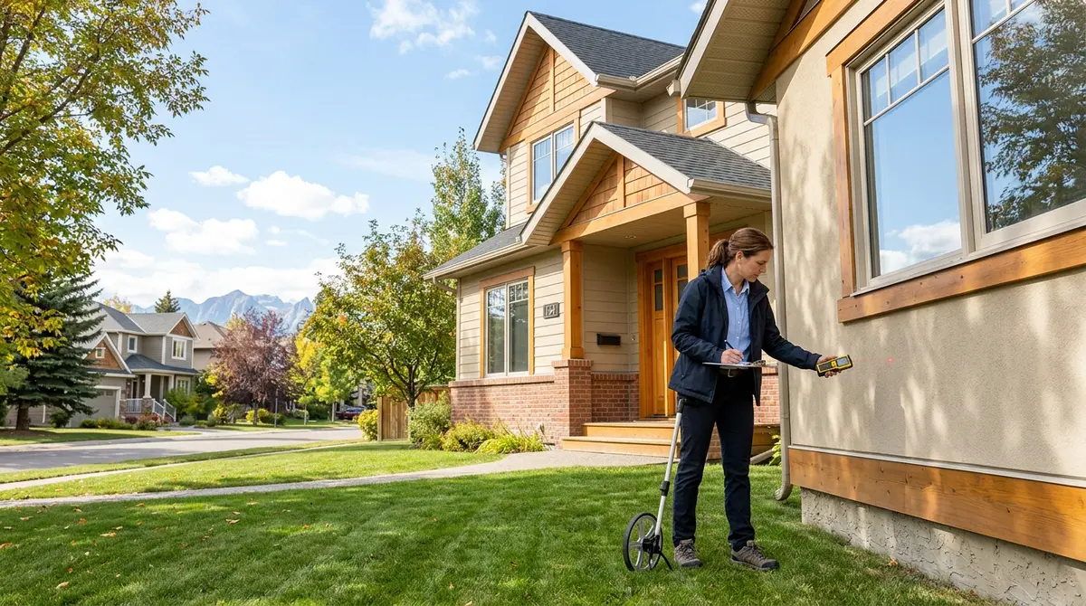 A certified real estate appraiser measuring the exterior dimensions of a residential home in Calgary