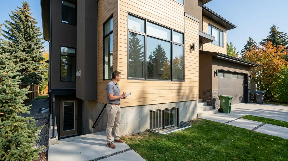 A modern Calgary home with a secondary basement suite being inspected for zoning compliance