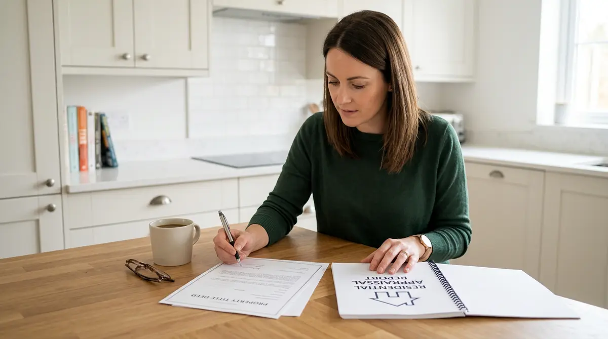 A homeowner reviewing a property title document and appraisal report at a kitchen table