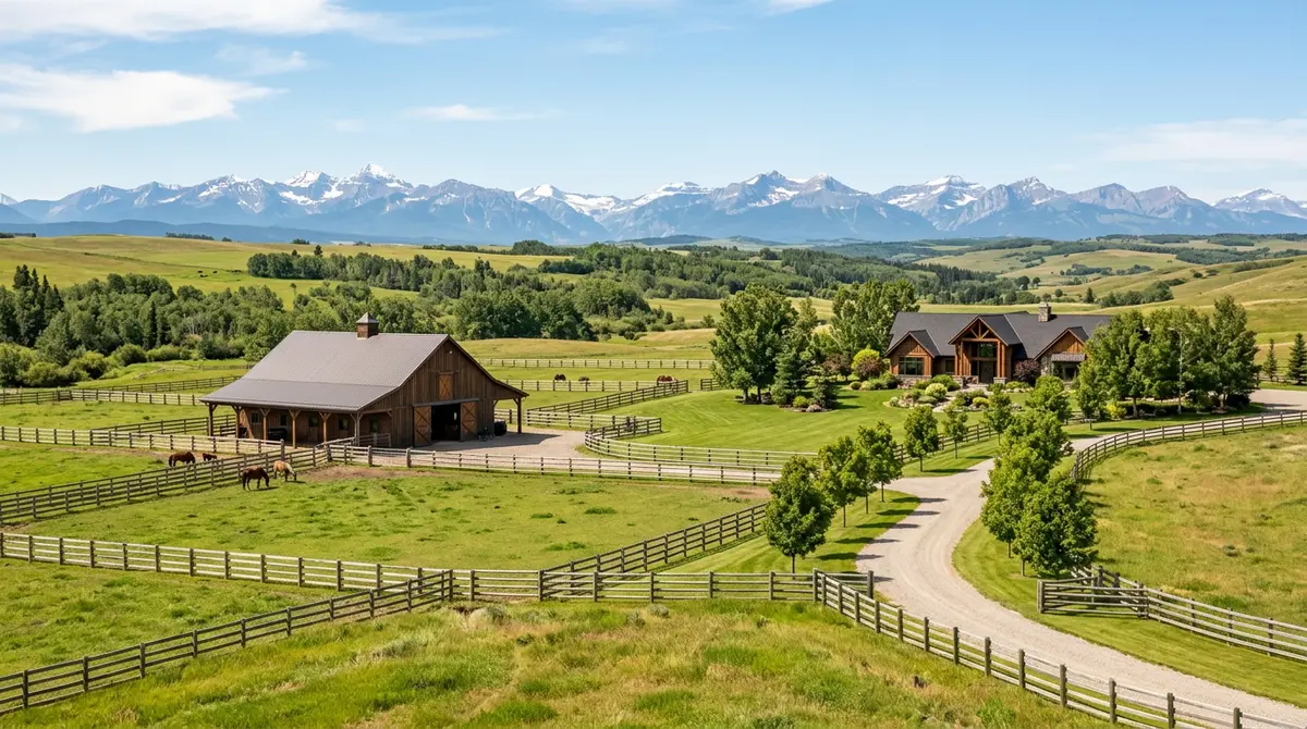 A sprawling rural acreage property near Calgary featuring a large barn, fencing, and a primary residence