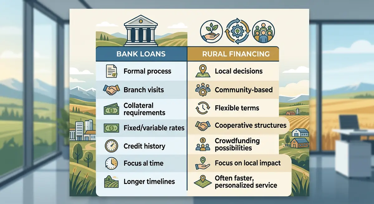 A comparison chart showing traditional bank loans versus alternative rural financing options in Alberta