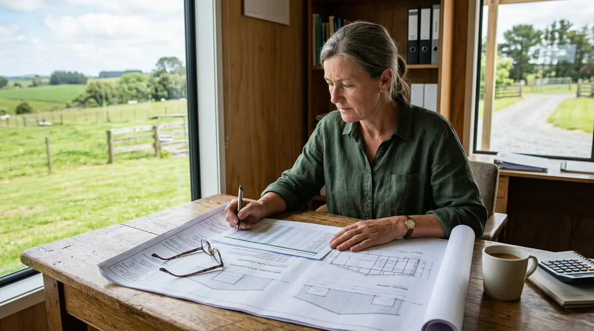 A rural property owner reviewing financial documents and blueprints for a new agricultural outbuilding