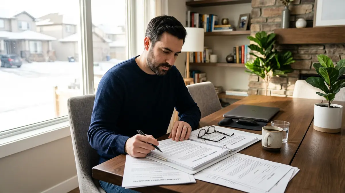 Calgary homeowner reviewing mortgage documents and leasehold agreements at a dining table
