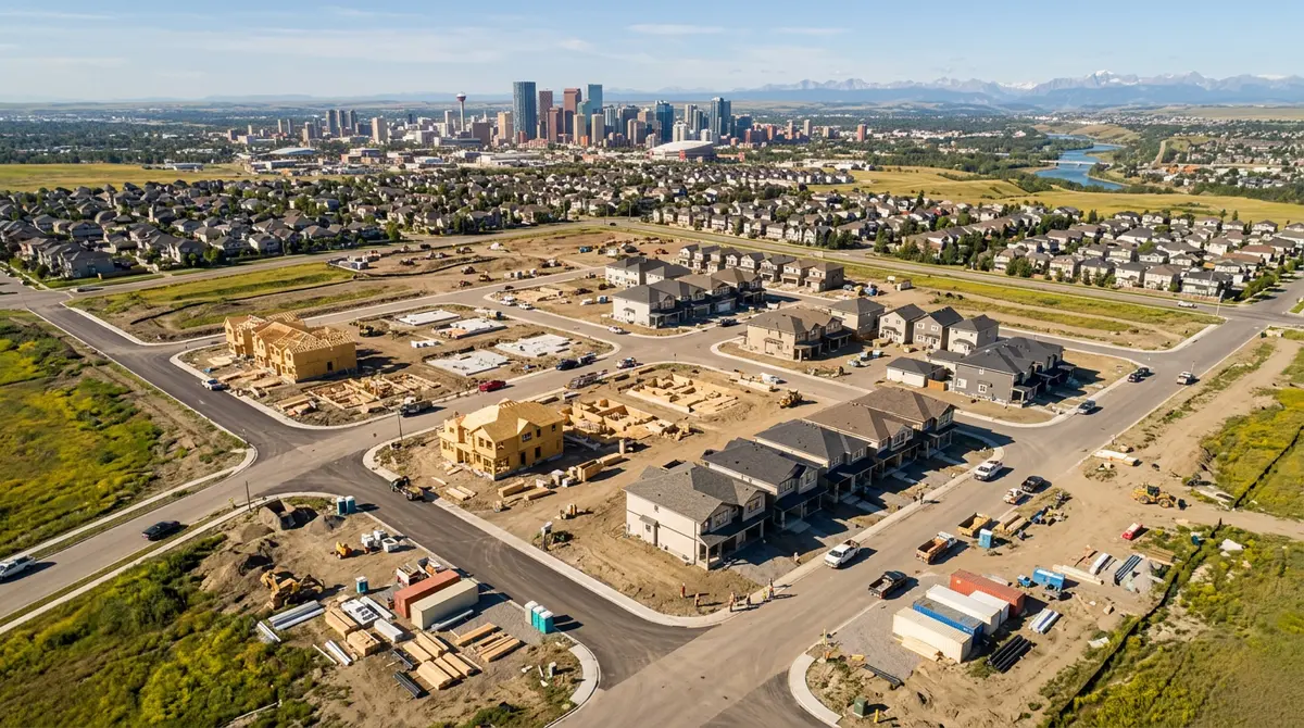 Aerial view of a new residential development under construction in Calgary