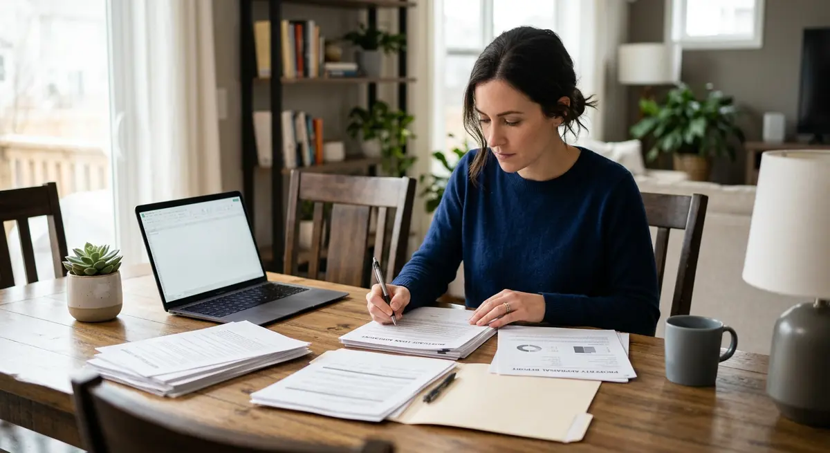 Homeowner reviewing mortgage documents and appraisal reports at a dining table