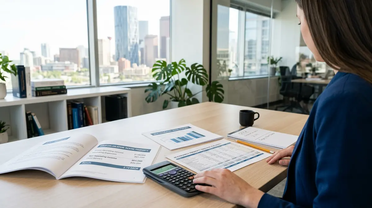 Financial documents and calculator showing Debt Service Coverage Ratio calculations for Calgary real estate