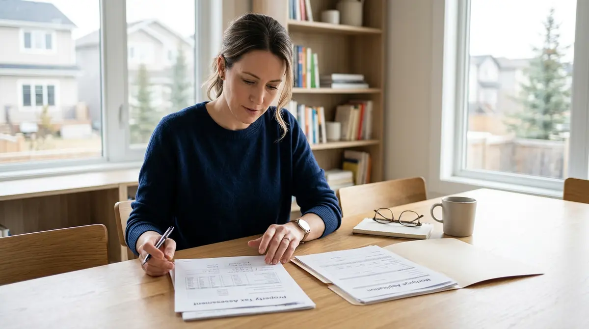 A Calgary homeowner reviewing property tax assessment documents alongside mortgage application paperwork