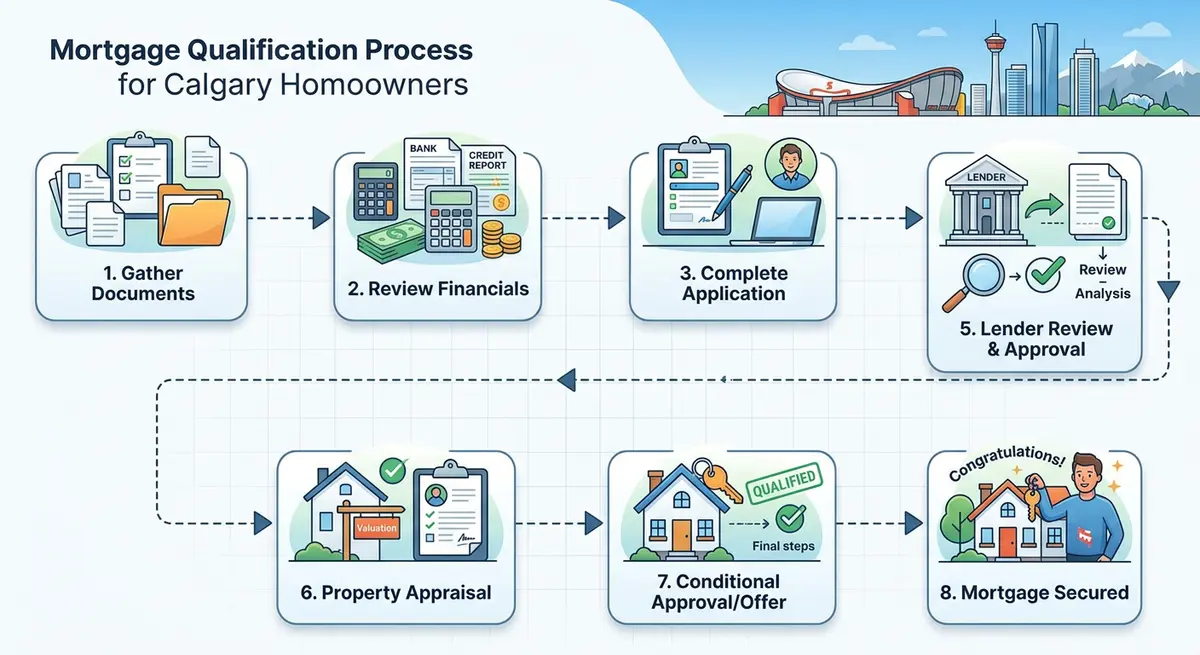 A step-by-step flowchart showing the mortgage qualification process for Calgary homeowners