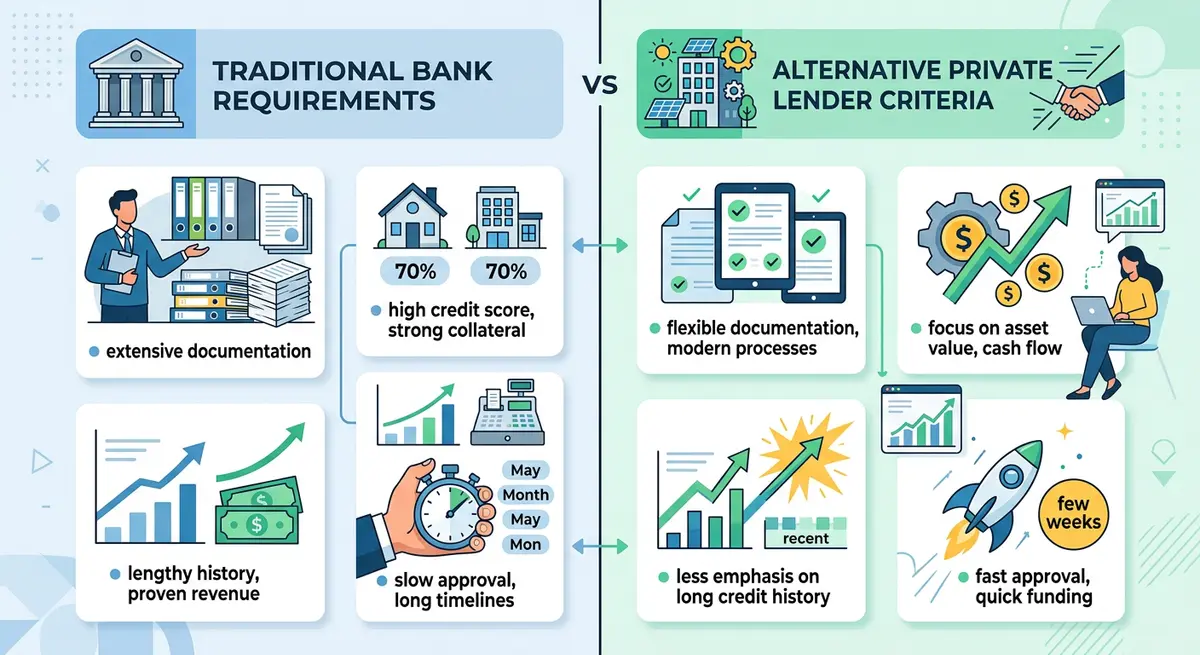A comparison chart showing traditional bank requirements versus alternative private lender criteria
