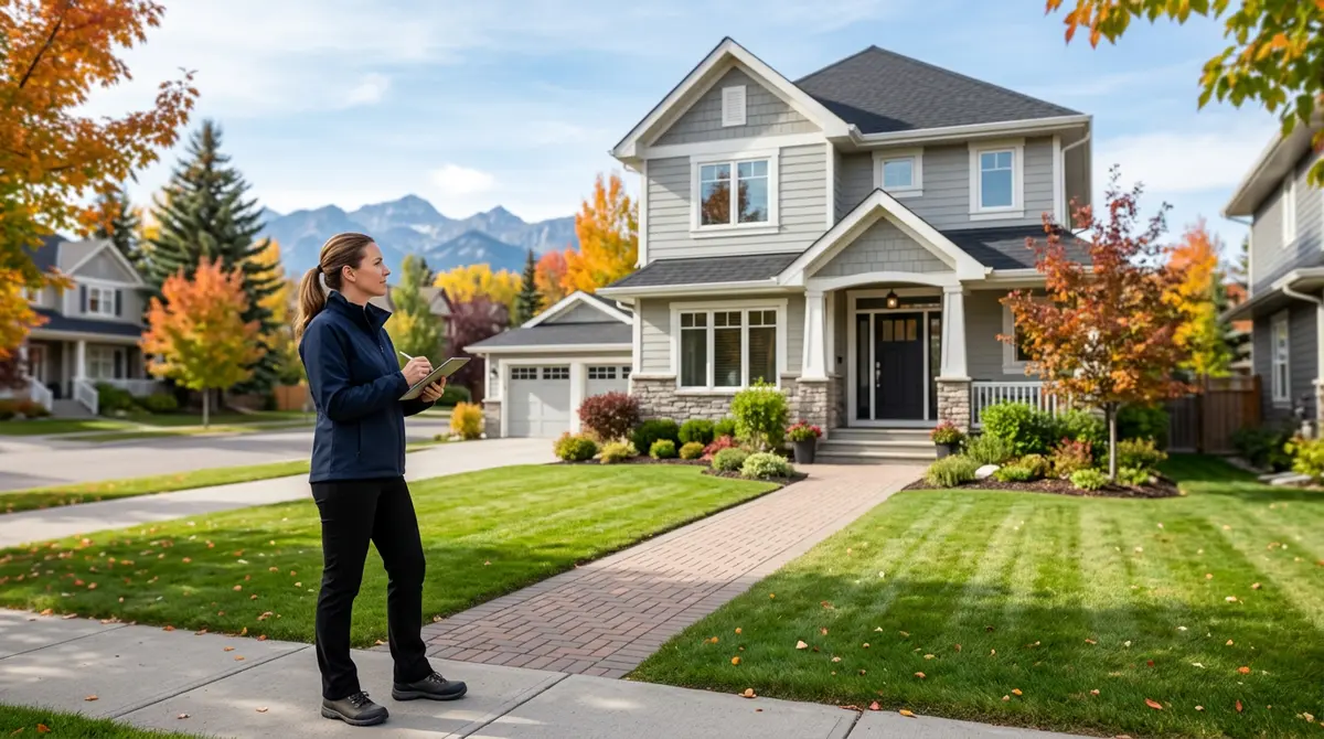 A professional appraiser evaluating a home exterior in a Calgary neighborhood