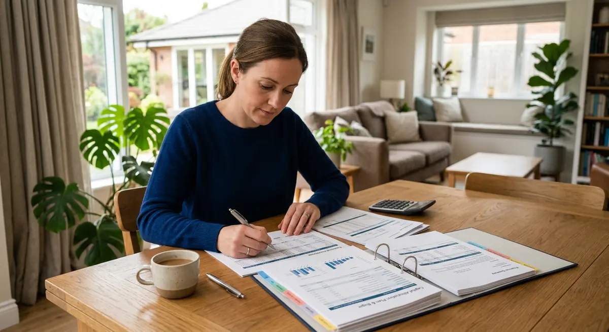 A homeowner reviewing financial documents and a capital allocation plan at a dining table