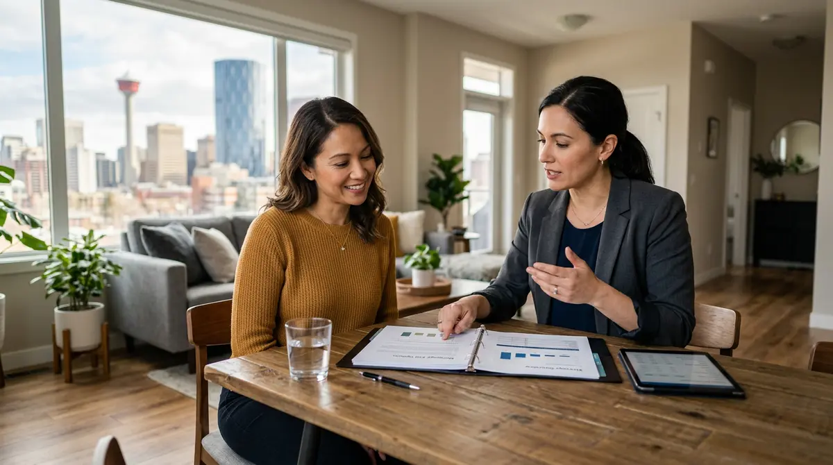 A financial advisor discussing mortgage exit strategies with a Calgary homeowner