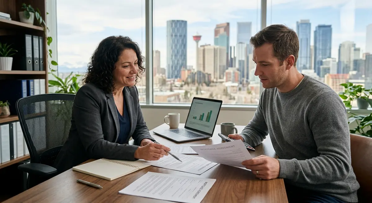 A financial advisor reviewing mortgage documents with a Calgary homeowner during a market correction