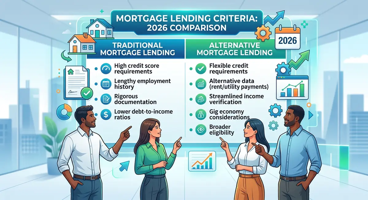 A detailed chart showing the difference between traditional and alternative mortgage lending criteria in 2026