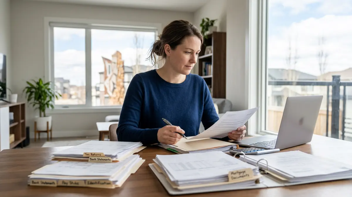 A Calgary homeowner organizing mortgage documents and financial records for a loan application