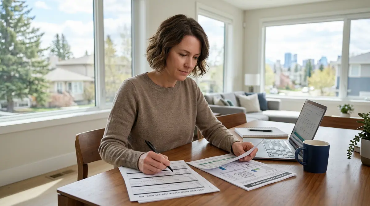 Homeowner reviewing a second mortgage application and property appraisal documents in Calgary