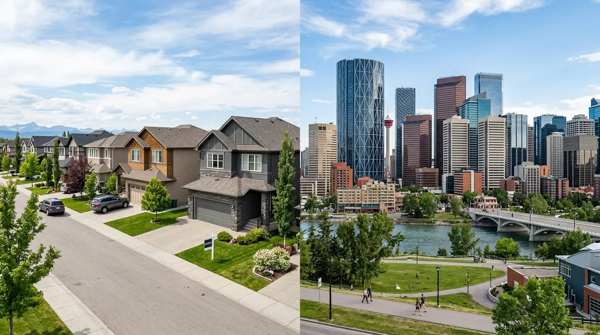 Calgary suburban detached homes vs inner city skyline illustrating property types for second mortgages