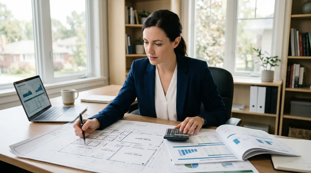 Entrepreneur reviewing financial documents and blueprints for a new commercial business venture funded by home equity