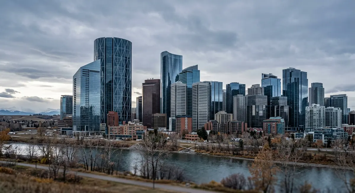 Calgary skyline showing corporate oil and gas headquarters during an economic downturn