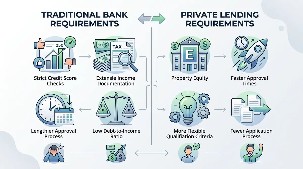 Comparison chart showing private lending versus traditional bank requirements for second mortgages
