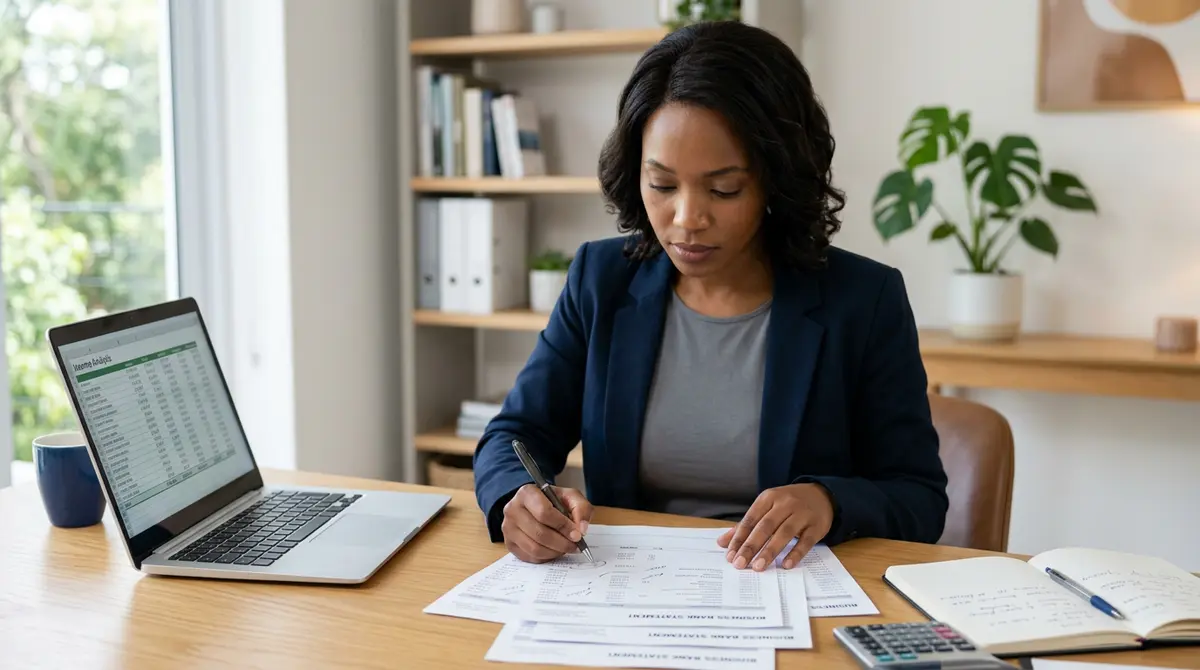 Independent contractor reviewing business bank statements for alternative mortgage income verification