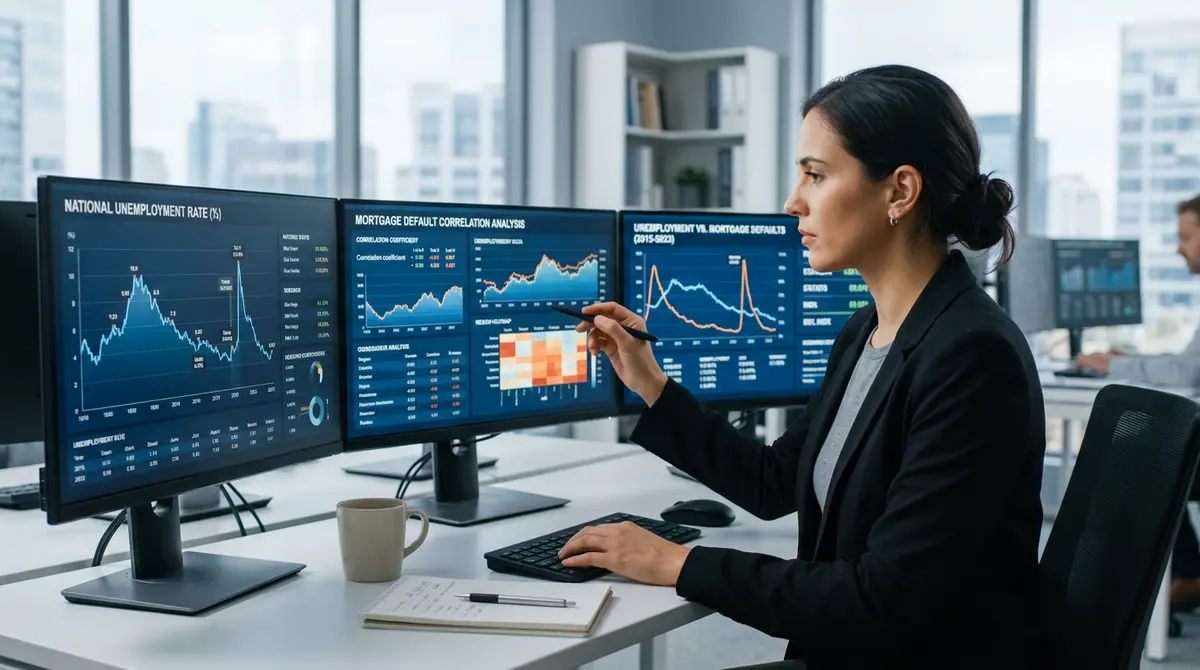 Financial analyst reviewing macroeconomic unemployment charts and mortgage default correlation data on multiple monitors