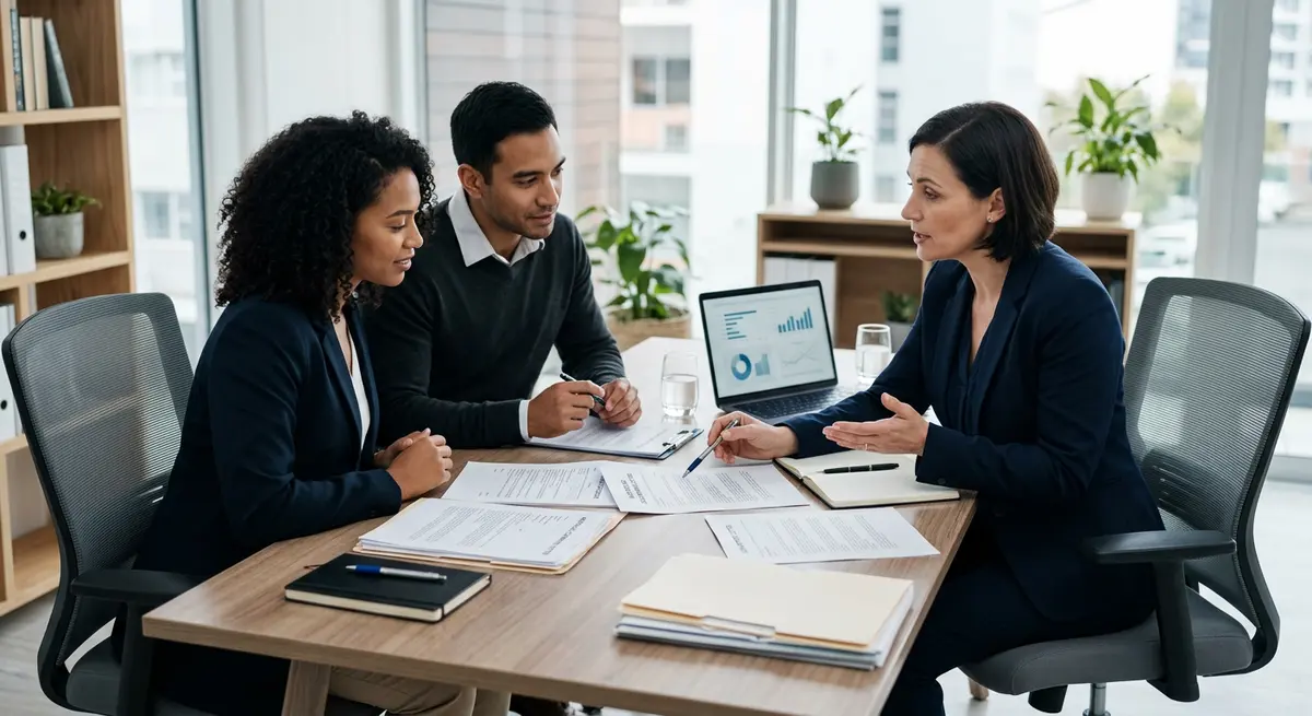 Two people reviewing legal guarantor documentation and mortgage commitment letters with a financial advisor