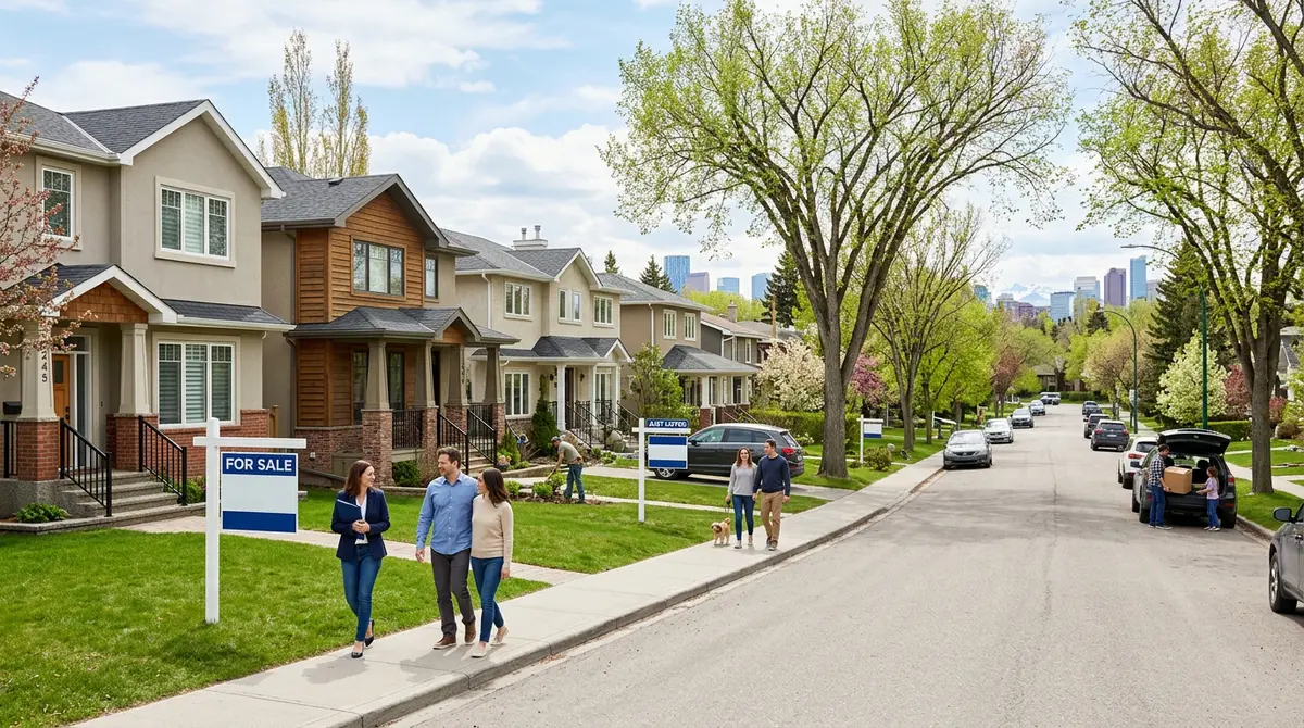 Calgary residential neighborhood during spring showing high real estate activity and property valuations
