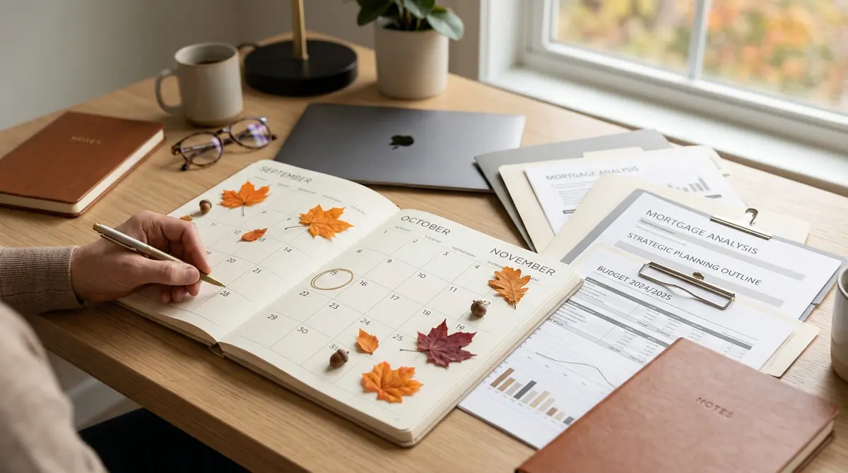 Financial documents and a calendar highlighting the autumn months for strategic mortgage planning