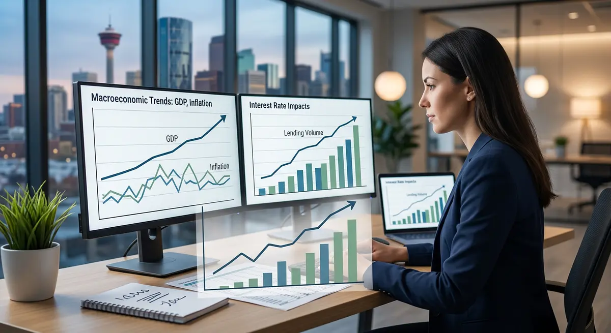Graph showing macroeconomic trends and Bank of Canada interest rate impacts on Calgary lending