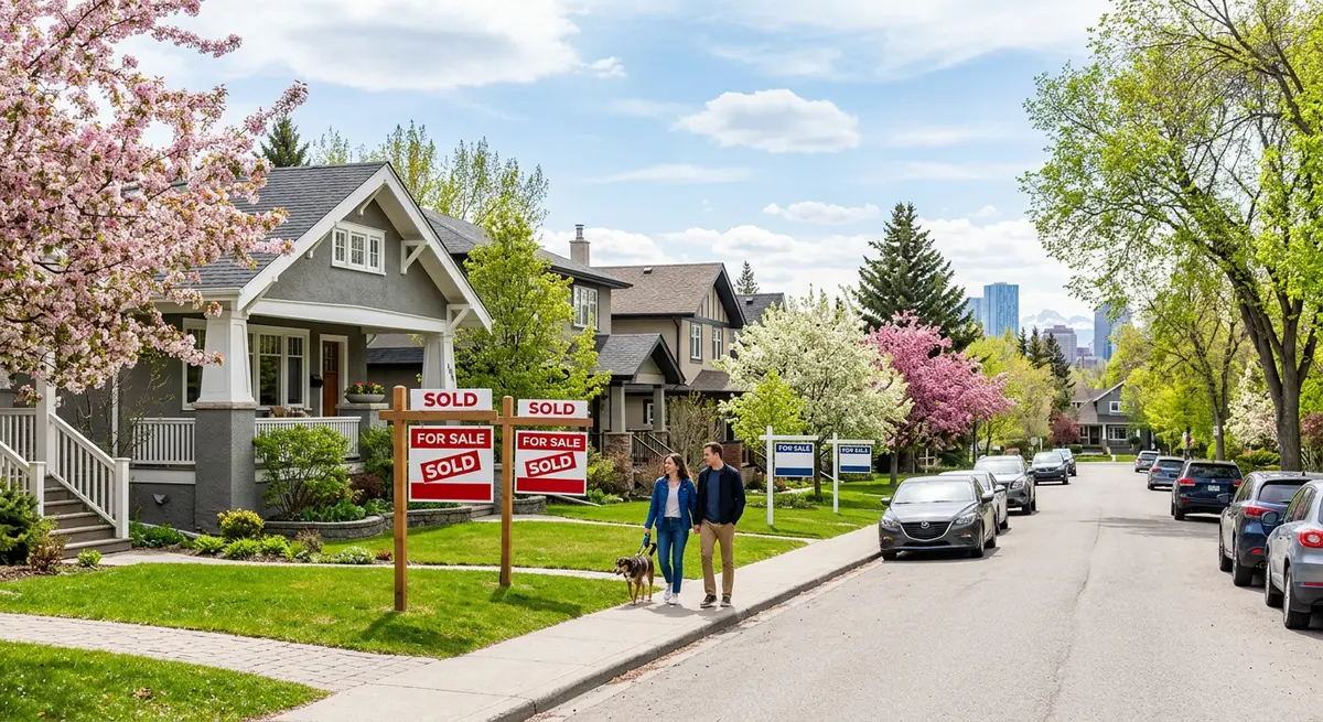 Calgary neighborhood in spring with for sale signs indicating a hot real estate market